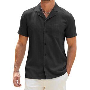 Men Black Casual Cuban Lightweight Short Sleeve Button Down Shirt Textured Beach